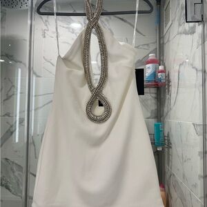 Retrofête Ivory Backless Halter Dress with Beaded Neckline